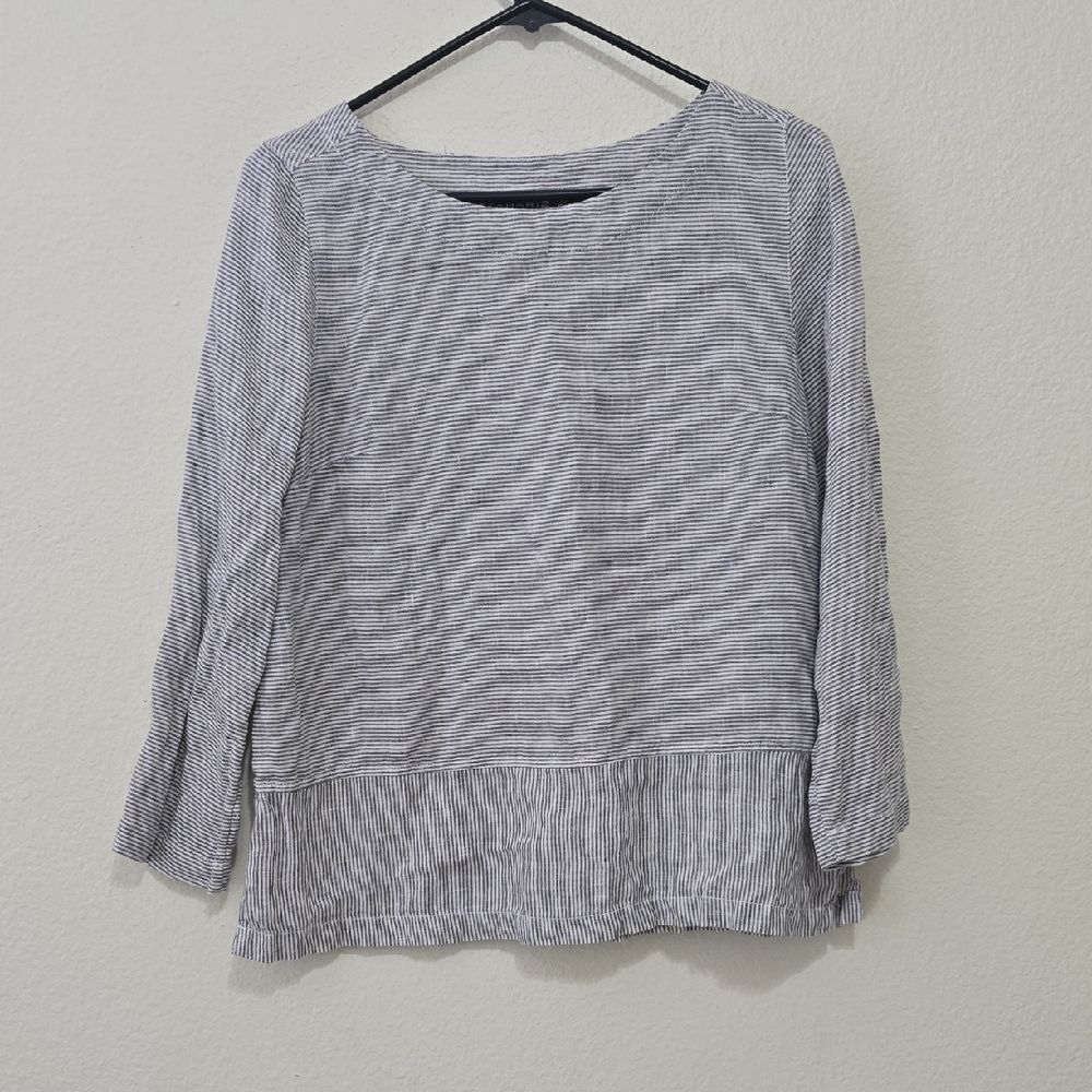 Tahari Striped Boatneck Long-Sleeve‎ Top - Gray/White